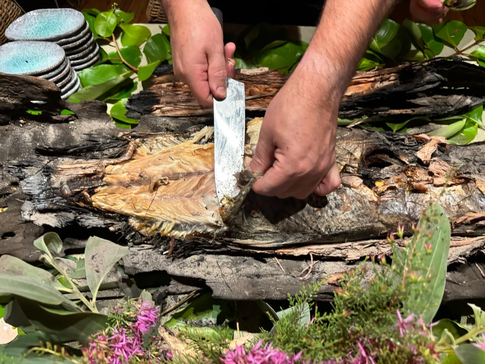 Hands slicing a whole paperbark-baked barramundi on strips of bark, native leaves and stacked ceramic plates set around it.